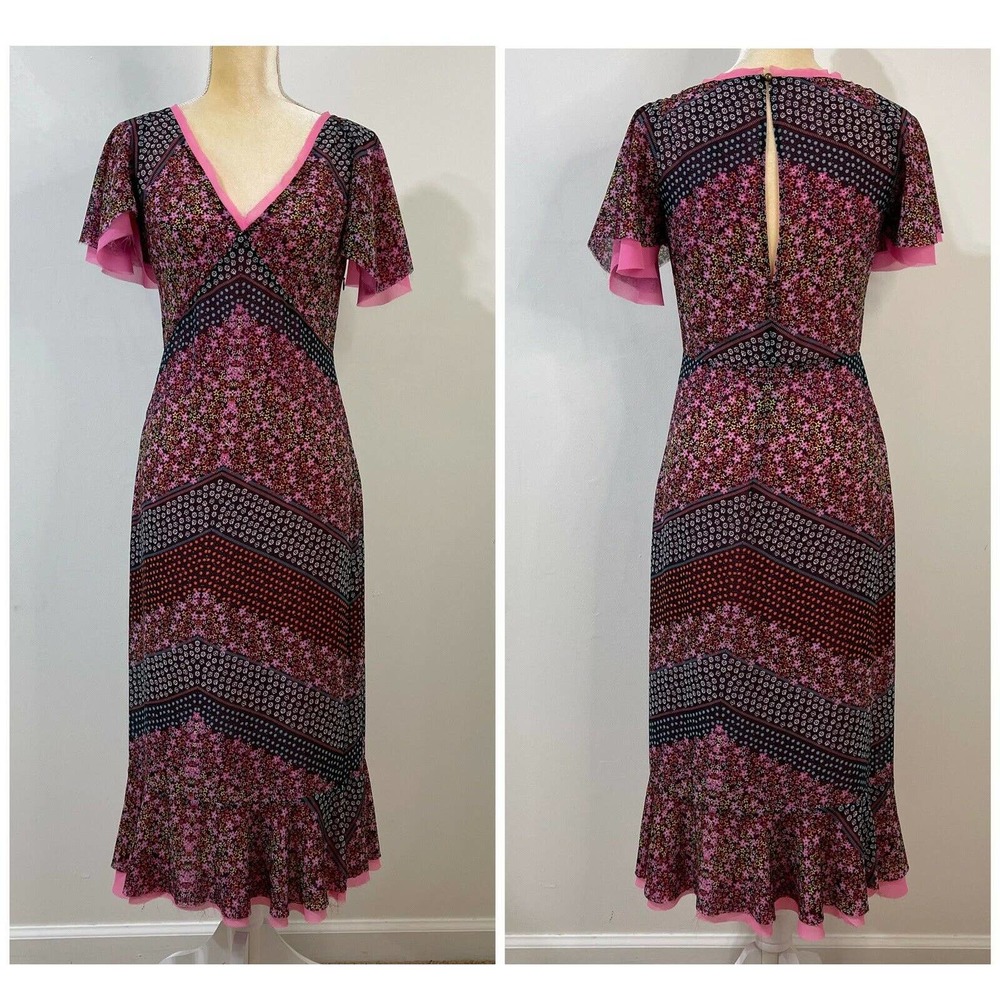 LE SUPERBE Floral Sheath Midi Dress Size 2 Pink V-Neck Lined Ruffle Hem